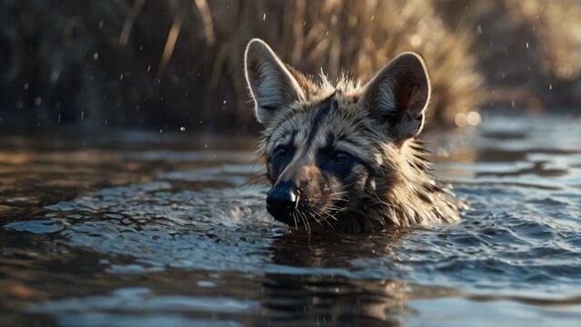 Half-body aardwolf emerging from crystal clear water, realistic wet fur texture, ripples around the body ai