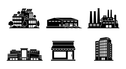 Obraz premium Industrial Buildings Icons Set, Factory, Warehouse, Office, Retail Store