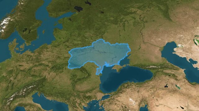 Ukraine territory marked with a cool blue outline on a 3D satellite terrain map, animated with a smooth orbital camera rotation around Eastern Europe