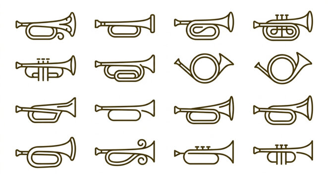 Collection of various brass wind musical instruments.