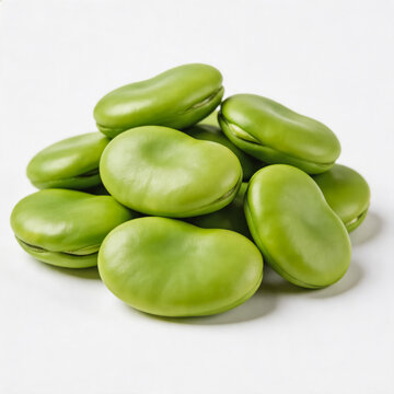 A pile of fresh, smooth green broad beans placed on a solid white background, showcasing their natural shape and vibrant color.