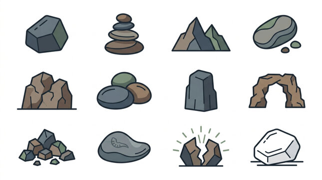 Collection of various illustrated rocks and stones.