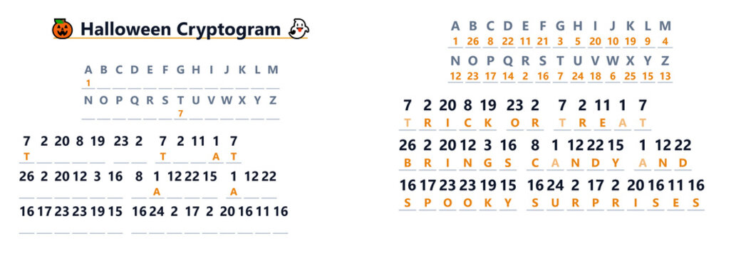 Halloween-themed cryptogram puzzle with letters and numbers  