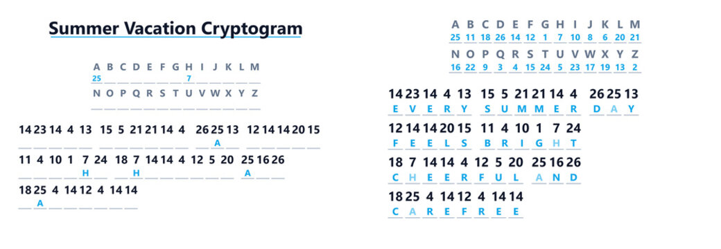 Summer vacation cryptogram with coded message and letter key  