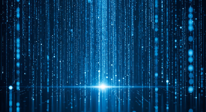 Abstract Blue Digital Matrix Data Stream with Glowing Light.
