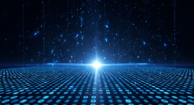 Abstract Digital Blue Light Grid with Glowing Particles and Lens Flare.