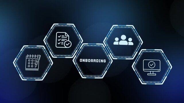 Employee onboarding process concept with abstract human resource HUD interface. Human capital asset for new hire training and talent integration.
