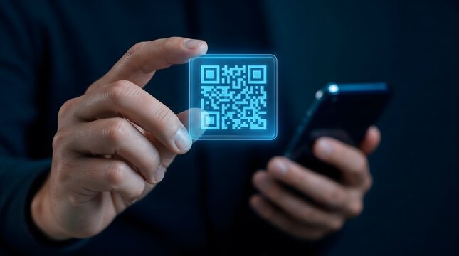 QR code, scanning and mobile phone for technology, digital payment and security. Device, man and smartphone with verification, online authentication and software app for internet identification