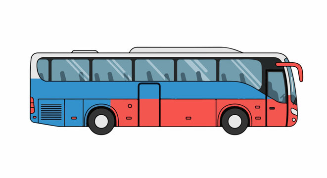 A side profile of a bus with a white, blue, and red paint scheme