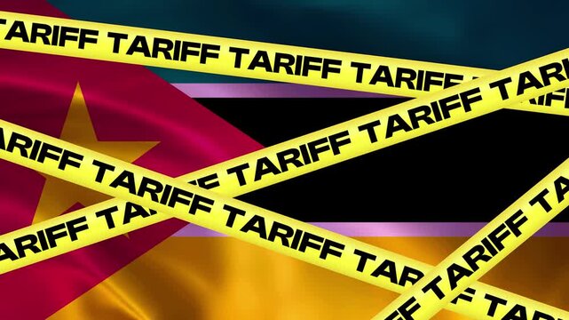 Trade Barrier: Yellow caution tape with the word TARIFF repeated emblazoned across the flags of Mozambique and Tanzania, symbolizing economic restrictions and trade disputes