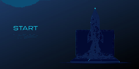 Neon blue wireframe rocket launching polygonal design with start text on dark background © PabanBiswas