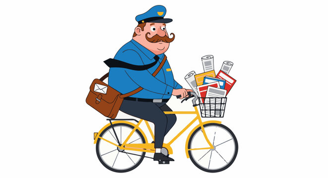 A smiling mail carrier rides a yellow bicycle laden with mail and packages