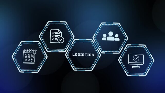 Global logistics management concept with futuristic digital interface. Supply chain optimization asset showing distribution network and tracking icons.