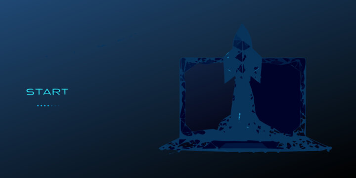 Blue wireframe rocket illustration launching upwards on a dark gradient background