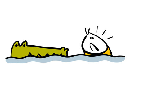 Cartoon unpleasant encounter in the river. Vector illustration of a man swimming, looking in fright at the muzzle of a green crocodile. An aquatic predator and a human prey.