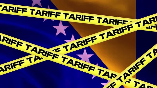 Tariff Barrier on Bosnia and Herzegovina Flag: Yellow caution tape with the word TARIFF repeated multiple times is draped across the flag of Bosnia and Herzegovina.