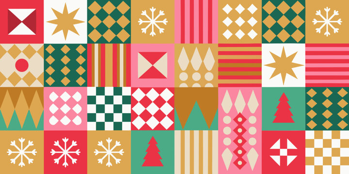repeating christmas pattern with geometric shapes and festive color blocks