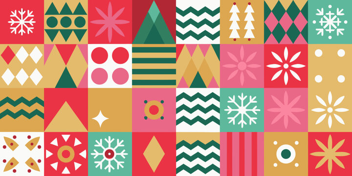 festive christmas pattern with geometric shapes and stylized winter motifs colorful background