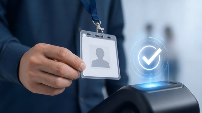 Access control, security and ID card with scanner for office authentication, verification and safety. Professional worker, identification and badge with scan, technology and corporate entry system at
