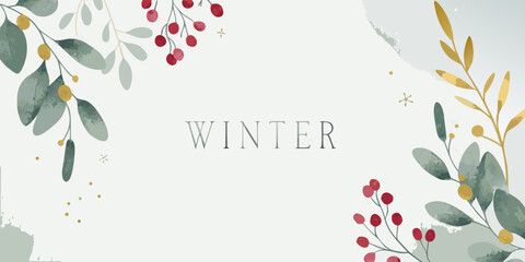 watercolor winter botanical illustration with leaves berries and handwritten text © PabanBiswas