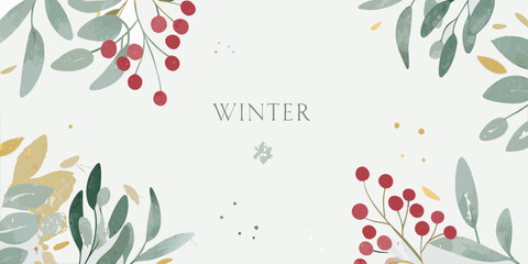 watercolor winter floral arrangement with berries and leaves on a white background © PabanBiswas