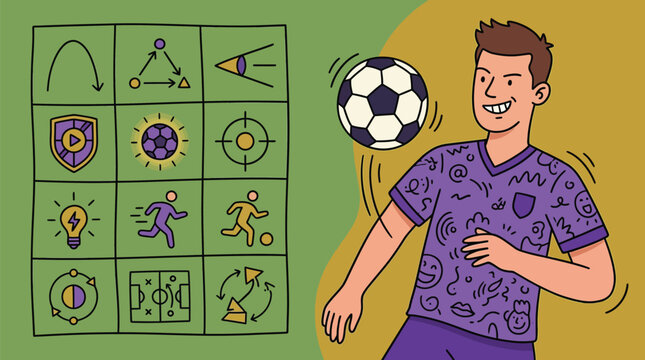 Hand-drawn vector illustration of a male soccer player in a purple patterned jersey juggling a ball next to a grid of tactical icons representing sports strategy and training.