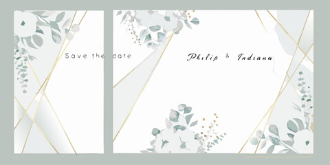 watercolor triptych with gold foil accents and eucalyptus leaf illustrations © PabanBiswas