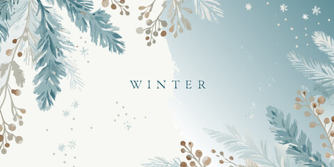 watercolor pine fir branches with berries in cool teal and gray tones © PabanBiswas