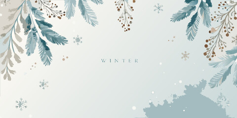 watercolor pine fir branches with berries cool teal and gray tones winter themed © PabanBiswas