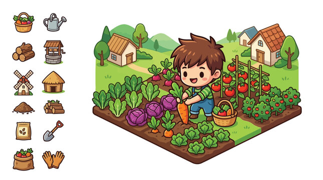 Modern flat vector illustration of a cute chibi boy harvesting carrots in an isometric vegetable garden with icons of a watering can, well, windmill, shovel, and farm buildings.