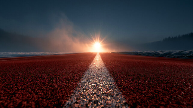 Vibrant red track in perspective stretching into misty dawn. Cinematic golden light meets cool sky, evoking hope. Generous copy space for sports or PSA campaigns. Pristine 8K HDR commercial...