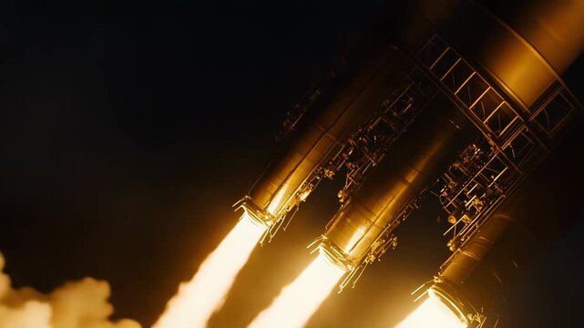 Multiple rocket engines igniting and generating immense thrust, propelling a spacecraft from earth during a nighttime launch, symbolizing innovation and progress in space exploration