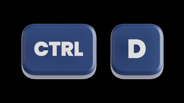 3D blue keyboard shortcut animation featuring the CTRL and D keys pressed to activate the Duplicate command. Perfect for tutorials, UI demonstrations. Transparent background animation