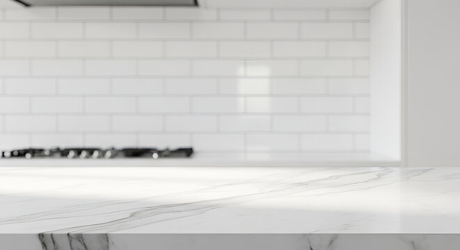 Modern Kitchen Countertop with Subway Tile Backsplash and Gas Stove.