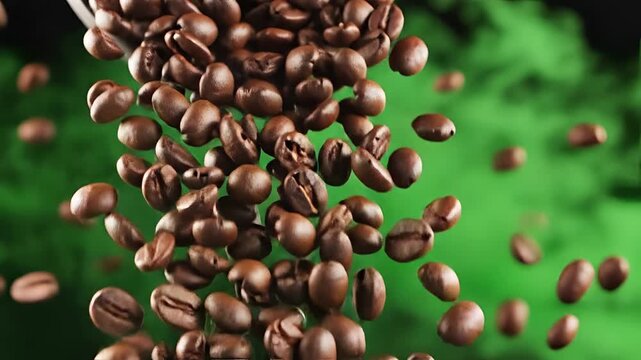 Closeup of Roasted Coffee Beans Falling in Slow Motion with Green Smoke Effect.