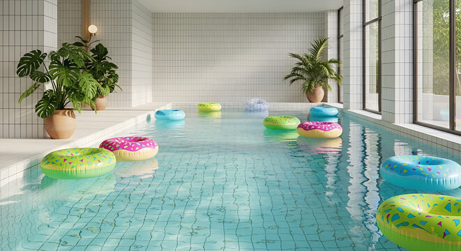 Indoor Swimming Pool with Colorful Inflatable Rings and Lush Green Plants.