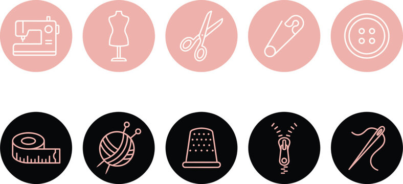 Set of ten minimalist sewing and tailoring icons featuring essential crafting tools displayed in a clean circular design on white background