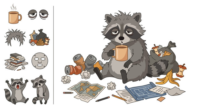 Flat vector illustration of an exhausted raccoon drinking coffee while sitting on the floor surrounded by trash, blueprints, crumpled paper, and various icons for stress and burnout.