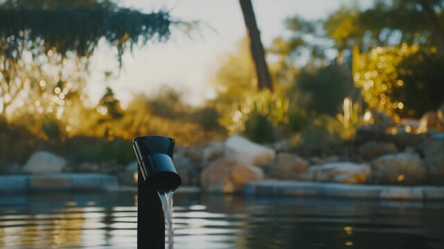 Water continuously flowing from a modern outdoor fountain, creating ripples on the surface of a serene garden pond, with lush green foliage and warm sunlight illuminating the background landscape