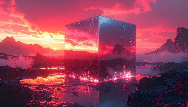 Futuristic landscape with cube structure.