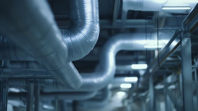 Industrial air conditioning ducts intertwine across the ceiling of a modern facility, efficiently distributing conditioned air and regulating temperature within the complex network infrastructure