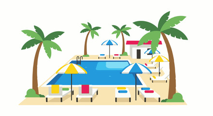 Obraz premium A tropical poolside scene with palm trees, lounge chairs, umbrellas, and a building