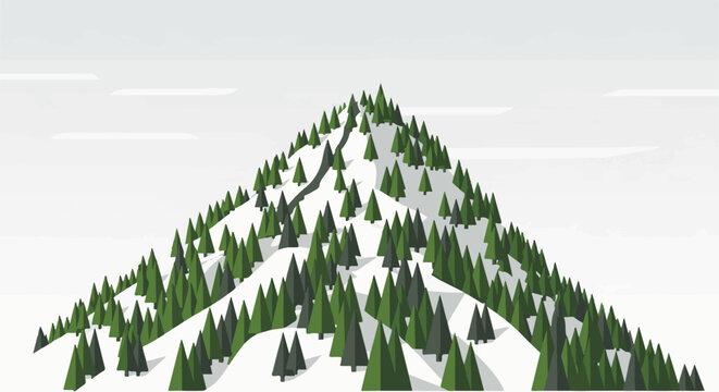 A stylized, low-polygon snowy mountain peak covered in green fir trees under a cloudy sky