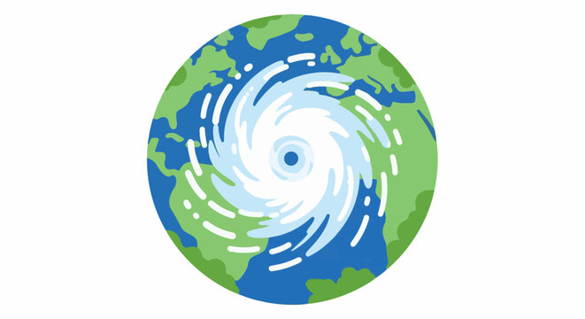 A stylized representation of Earth with a prominent hurricane swirling over oceans and continents