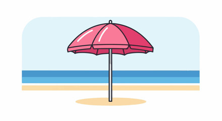 Fototapeta premium A vibrant pink beach umbrella stands tall on a sandy shore beside blue ocean waves