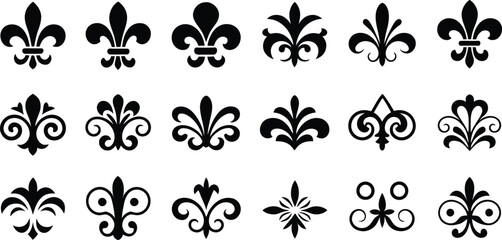 Fleur de lis set. Fleur de lys icons in different styles. Balck and white illustration for Mardi Gras carnival. Royal French heraldry symbol. © MSTNAZRIN