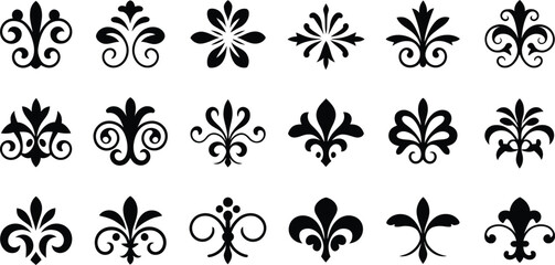 Fleur De Lis icons collection Royal french heraldic symbol Different types Gold, black, light blue, grunge textured, metallic, outline decorative design element Vector illustration Isolated © MSTNAZRIN