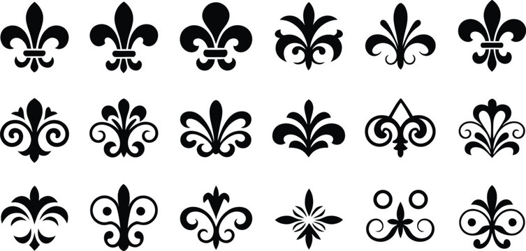 Fleur de lis set. Fleur de lys icons in different styles. Balck and white illustration for Mardi Gras carnival. Royal French heraldry symbol.