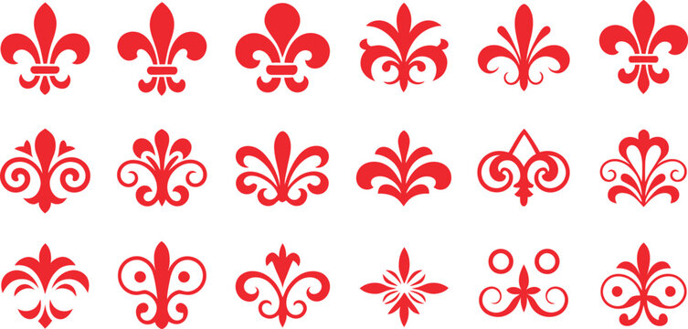 Collection of fleur de lis symbols in red coller silhouette ornamental heraldic design elements for logos branding decoration and vintage artwork