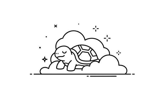 Cute cartoon turtle sleeping on clouds, starry night sky, simple line art, whimsical illustration